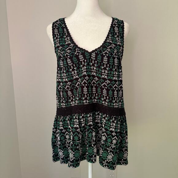 Maeve Anthropologie navy green & white embroidered v-neck tank top size S NWT - Picture 2 of 13